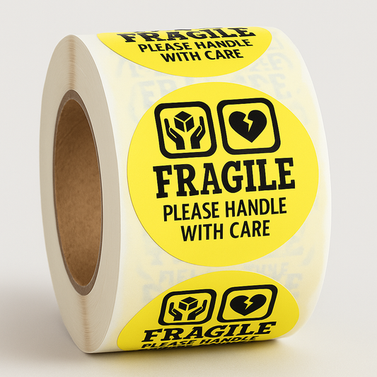 ⚠️ FRAGILE Stickers – Handle With Care 💔📦 | 2” Round Labels 🟡